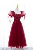 Burgundy Short Sleeve Tulle Tea Length Prom Dress, A-Line Party Dress HZ0429