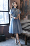 Blue Tulle Lace Short Prom Dresses, A-Line Homecoming Dresses HZ0429