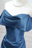 Elegant Navy Blue Off-the-Shoulder Satin Prom Gown with Ruched Bodice HZ0429