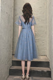 Blue Tulle Lace Short Prom Dresses, A-Line Homecoming Dresses HZ0429