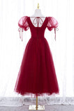 Burgundy Short Sleeve Tulle Tea Length Prom Dress, A-Line Party Dress HZ0429