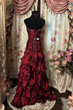 Burgundy Strapless Mermaid Prom Dress Taffeta Beaded Ruffle Formal Evening Gown HZ0429
