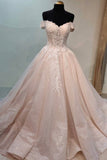 Pink Lace Long Prom Dresses, A-Line Off the Shoulder Evening Dresses HZ0429