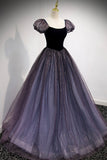 Purple Velvet Tulle Long Prom Dresses, A-Line Evening Dresses HZ0429