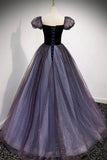 Purple Velvet Tulle Long Prom Dresses, A-Line Evening Dresses HZ0429