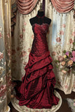 Burgundy Strapless Mermaid Prom Dress Taffeta Beaded Ruffle Formal Evening Gown HZ0429