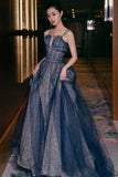 Blue Spaghetti Strap Long Prom Dresses, Blue A-Line Graduation Dresses HZ0429