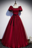 Burgundy Tulle Long Prom Dresses, A-Line Backless Evening Dresses HZ0429
