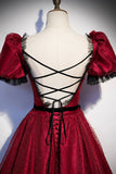 Burgundy Tulle Long Prom Dresses, A-Line Backless Evening Dresses HZ0429