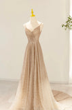 Gold V-Neck Sequins Long Prom Dress, A-Line Evening Party Dress HZ0429