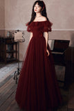 Burgundy Tulle Long Prom Dresses, A-Line Evening Dresses HZ0429