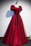 Burgundy Tulle Long Prom Dresses, A-Line Backless Evening Dresses HZ0429
