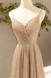 Gold V-Neck Sequins Long Prom Dress, A-Line Evening Party Dress HZ0429