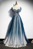 Blue Tulle Long Prom Dresses, A-Line Formal Evening Dresses HZ0429