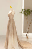 Gold V-Neck Sequins Long Prom Dress, A-Line Evening Party Dress HZ0429