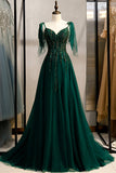 Green V-Neck Lace Long Prom Dresses, A-Line Evening Dresses HZ0429