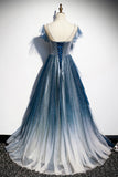 Blue Tulle Long Prom Dresses, A-Line Formal Evening Dresses HZ0429
