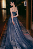 Blue Spaghetti Strap Long Prom Dresses, Blue A-Line Graduation Dresses HZ0429