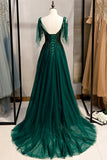 Green V-Neck Lace Long Prom Dresses, A-Line Evening Dresses HZ0429