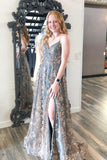 Grey V-Neck Sequins Long Prom Dresses, A-Line Backless Evening Dresses HZ0429
