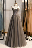 Gray Tulle Spaghetti Strap Long Prom Dresses, A-Line Evening Dresses HZ0429