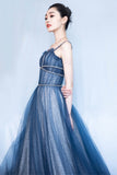 Blue Spaghetti Strap Long Prom Dresses, Blue A-Line Graduation Dresses HZ0429