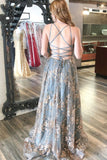 Grey V-Neck Sequins Long Prom Dresses, A-Line Backless Evening Dresses HZ0429