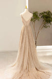 Gold V-Neck Sequins Long Prom Dress, A-Line Evening Party Dress HZ0429