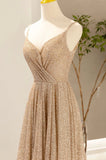 Gold V-Neck Sequins Long Prom Dress, A-Line Evening Party Dress HZ0429