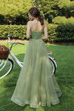 Green Spaghetti Strap Tulle Long Prom Dress, A-Line Evening Party Dress HZ0429