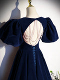 Blue Velvet Floor Length Prom Dress, Beautiful Open Back Evening Dress with Pearls HZ0429