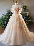Champagne Floral Tulle Long Prom Dress, Elegant A-Line Formal Evening Dress HZ0429