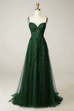 Green Tulle and Lace Long Prom Dress, Lovely Spaghetti Strap Evening Dress HZ0429