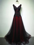 Black and Red V-Neck Lace Long Prom Dress, Beautiful A-Line Evening Party Dress HZ0429