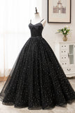 Black Tulle Long A-Line Long Prom Dresses, Black Evening Party Dresses HZ0429