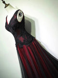 Black and Red V-Neck Lace Long Prom Dress, Beautiful A-Line Evening Party Dress HZ0429