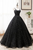Black Tulle Long A-Line Long Prom Dresses, Black Evening Party Dresses HZ0429