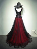 Black and Red V-Neck Lace Long Prom Dress, Beautiful A-Line Evening Party Dress HZ0429