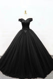 A-Line Tulle Beading Long Prom Dresses, Off the Shoulder Evening Dresses HZ0429