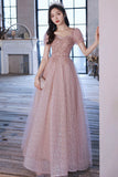 Pink Tulle Sequins Long Prom Dress, A-Line Short Sleeve Evening Dress HZ0429