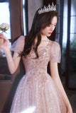Pink Tulle Sequins Long Prom Dress, A-Line Short Sleeve Evening Dress HZ0429