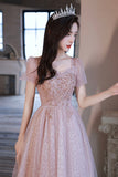 Pink Tulle Sequins Long Prom Dress, A-Line Short Sleeve Evening Dress HZ0429