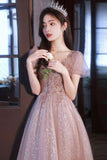 Pink Tulle Sequins Long Prom Dress, A-Line Short Sleeve Evening Dress HZ0429