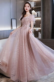 Pink Tulle Sequins Long Prom Dress, A-Line Short Sleeve Evening Dress HZ0429
