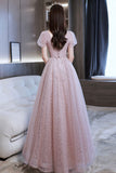 Pink Tulle Sequins Long Prom Dress, A-Line Short Sleeve Evening Dress HZ0429