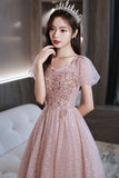 Pink Tulle Sequins Long Prom Dress, A-Line Short Sleeve Evening Dress HZ0429