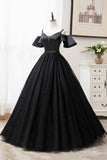 Black V-Neck Tulle Long Prom Dresses, A-Line Black Evening Dresses HZ0429