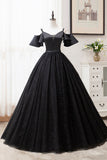 Black V-Neck Tulle Long Prom Dresses, A-Line Black Evening Dresses HZ0429