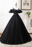 Black V-Neck Tulle Long Prom Dresses, A-Line Black Evening Dresses HZ0429