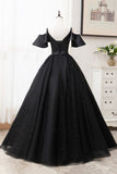 Black V-Neck Tulle Long Prom Dresses, A-Line Black Evening Dresses HZ0429